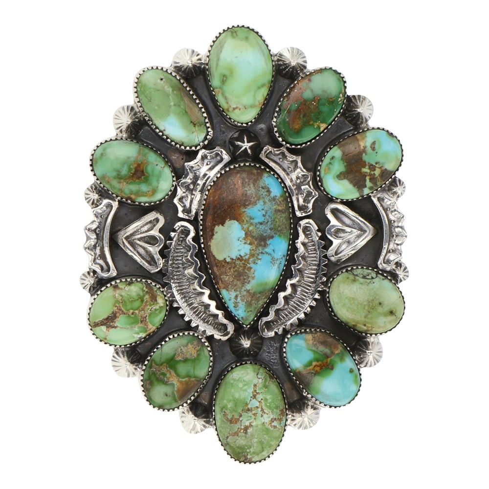 Larson Lee Navajo Sonoran Gold Turquoise Cluster Ring: Sterling Silver | Genuine Sonoran Gold Turquoise | Larson Lee Navajo Sonoran Gold Turquoise Cluster Ring | Navajo Native American Southwest Indian Jewelry | Good (no breaks or damages) | Approximate W