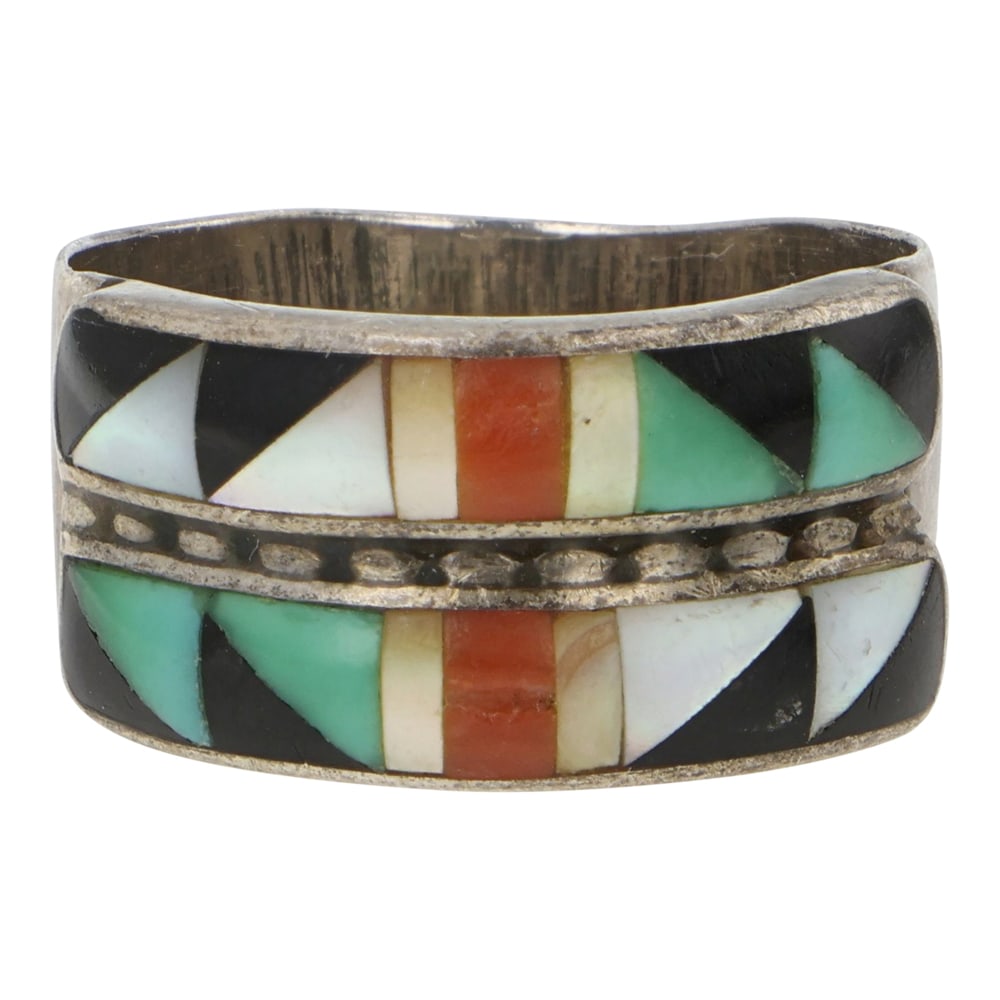Vintage Zuni Turquoise Coral & Mother of Pearl Inlay Ring: Sterling Silver | Genuine Turquoise, Coral & Mother of Peral | Vintage Zuni Turquoise Coral & Mother of Pearl Inlay Ring | Zuni Native American Southwest Indian Jewelry | Good (no breaks or damages) |