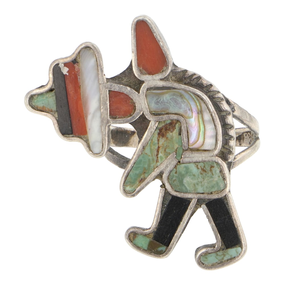 Vintage Zuni Turquoise Coral & MoP Inlay Ring: Sterling Silver | Genuine Turquoise, Coral & Mother of Pearl | Vintage Zuni Turquoise Coral & MoP Inlay Ring | Zuni Native American Southwest Indian Jewelry | Good (no breaks or damages) | Approximate