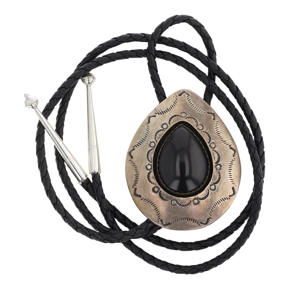 Vintage Navajo Black Onyx Shadowbox Bolo Tie: Sterling Silver | Genuine Black Onyx | Vintage Navajo Black Onyx Shadowbox Bolo Tie | Navajo Native American Southwest Indian Jewelry | Good (no breaks or damages) | Approximate Weight: 41 Grams |