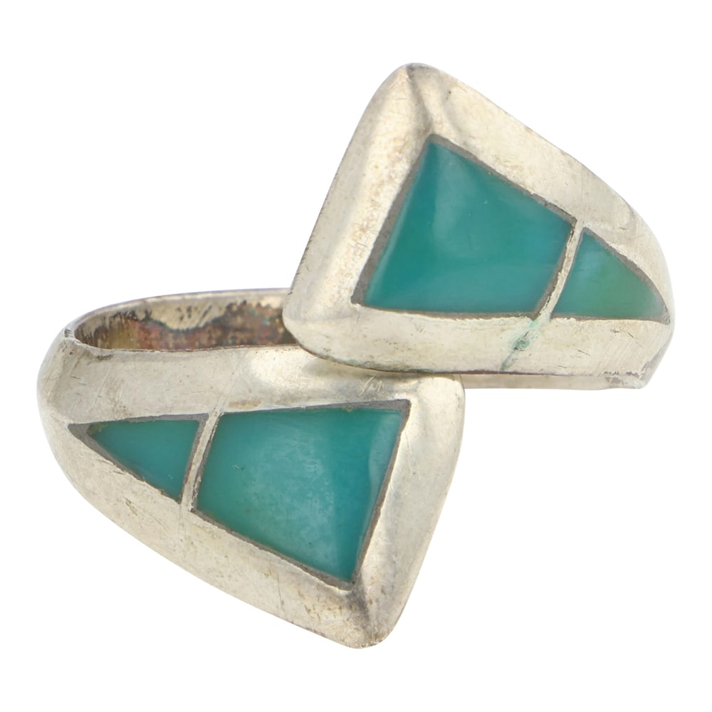 Navajo Turquoise Inlay Ring: Sterling Silver | Genuine Turquoise | Navajo Turquoise Inlay Ring | Navajo Native American Southwest Indian Jewelry | Good (no breaks or damages) | Approximate Weight: 3 Grams | Ring: 8 size, .75" fac
