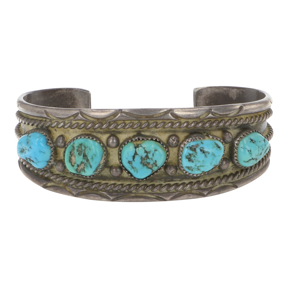 Vintage Navajo Kingman Turquosie Cuff Bracelet: Sterling Silver | Genuine Kingman Turquoise | Vintage Navajo Kingman Turquosie Cuff Bracelet | Navajo Native American Southwest Indian Jewelry | Good (no breaks or damages) | Approximate Weight: 42