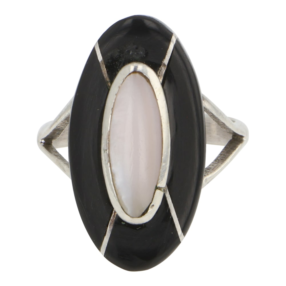 Zuni Acoma Jet & Mother of Pearl Shell Inlay: Sterling Silver | Genuine Acoma Jet, Mother of Pearl & Shell | Zuni Acoma Jet & Mother of Pearl Shell Inlay | Zuni Native American Southwest Indian Jewelry | Good (no breaks or damages) | Approximate