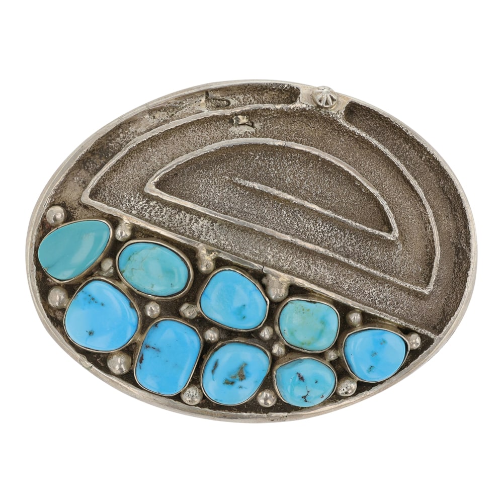 John Hornbeck Anglo Southwest Artist Kingman Turquosie Tufa Cast Belt Buckle: Sterling Silver | Genuine Kingman Turquoise | John Hornbeck Anglo Southwest Artist Kingman Turquosie Tufa Cast Belt Buckle | Navajo Native American Southwest Indian Jewelry | Good (no breaks or damage
