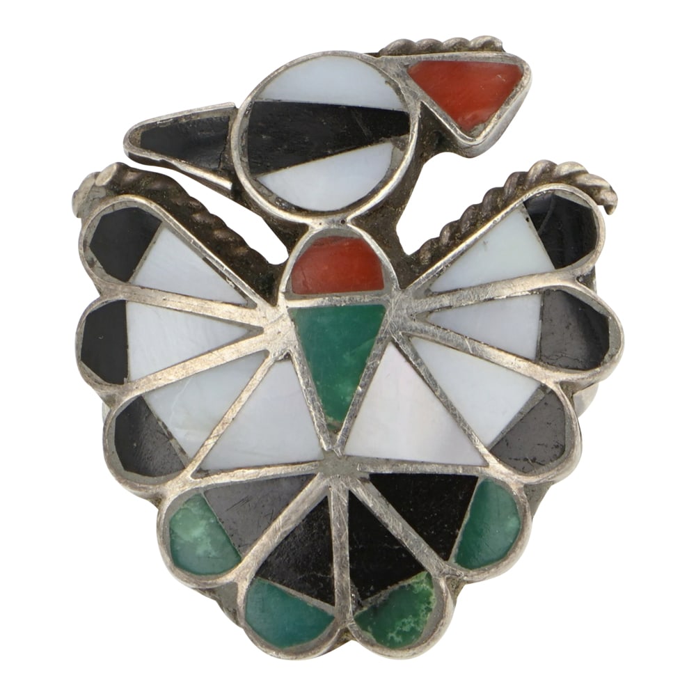 Vintage Zuni Turquoise Coral & MoP Inlay Thunderbird Ring: Sterling Silver | Genuine Turquoise, Coral & Mother of Pearl | Vintage Zuni Turquoise Coral & MoP Inlay Thunderbird Ring | Zuni Native American Southwest Indian Jewelry | Good (no breaks or damages) |
