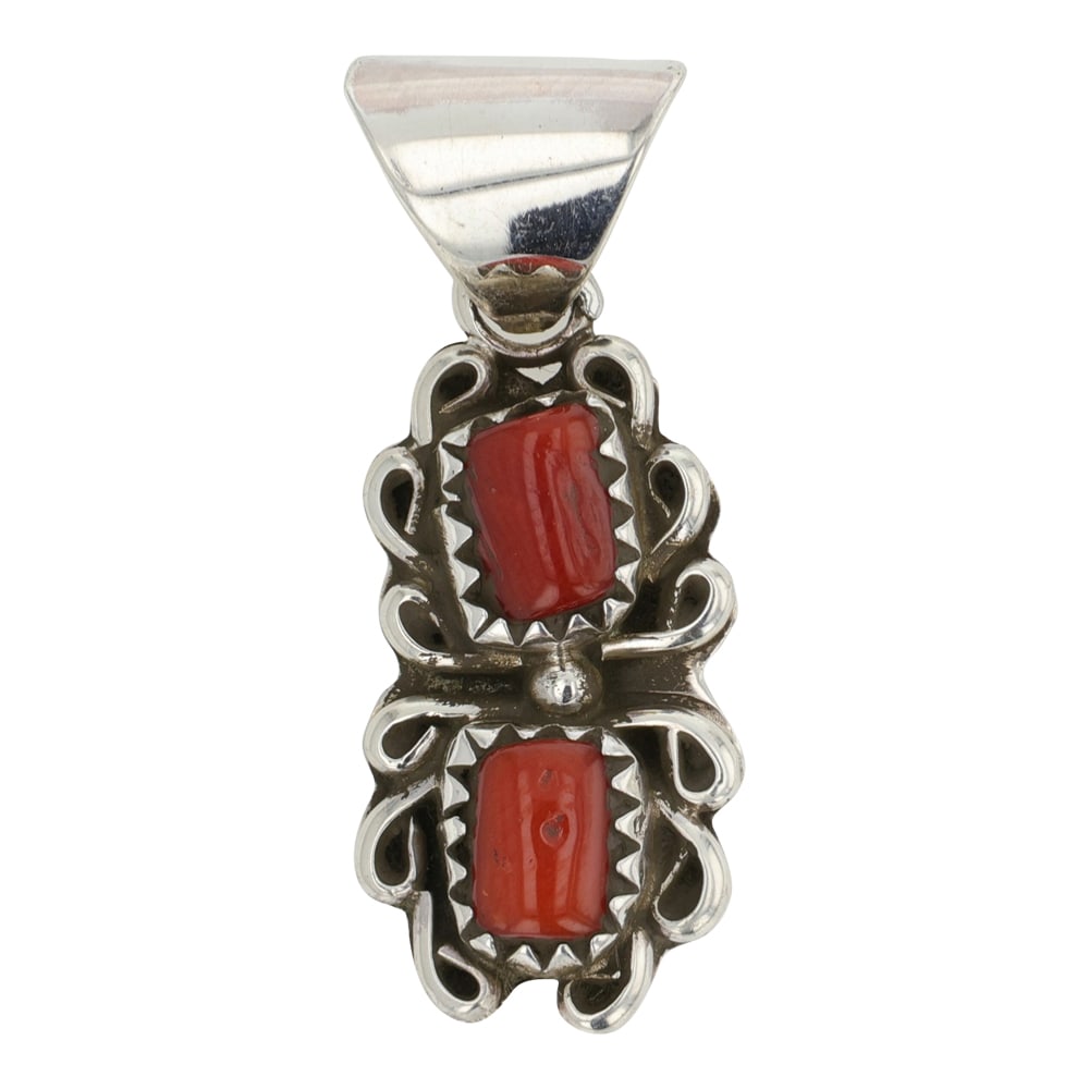 Navajo Coral Two Stone Pendant: Sterling Silver | Genuine Mediterranean Coral | Navajo Coral Two Stone Pendant | Navajo Native American Southwest Indian Jewelry | Good (no breaks or damages) | Approximate Weight: 2 Grams | Pendant: