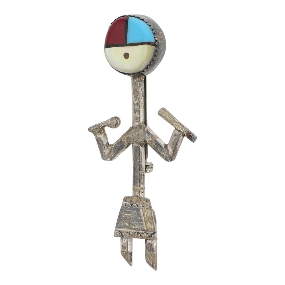 Zuni Turquoise Coral & Shell Inlay Pin: Sterling Silver | Genuine Turquoise, Coral & Shell | Zuni Turquoise Coral & Shell Inlay Pin | Zuni Native American Southwest Indian Jewelry | Good (no breaks or damages) | Approximate Weight: 8Grams