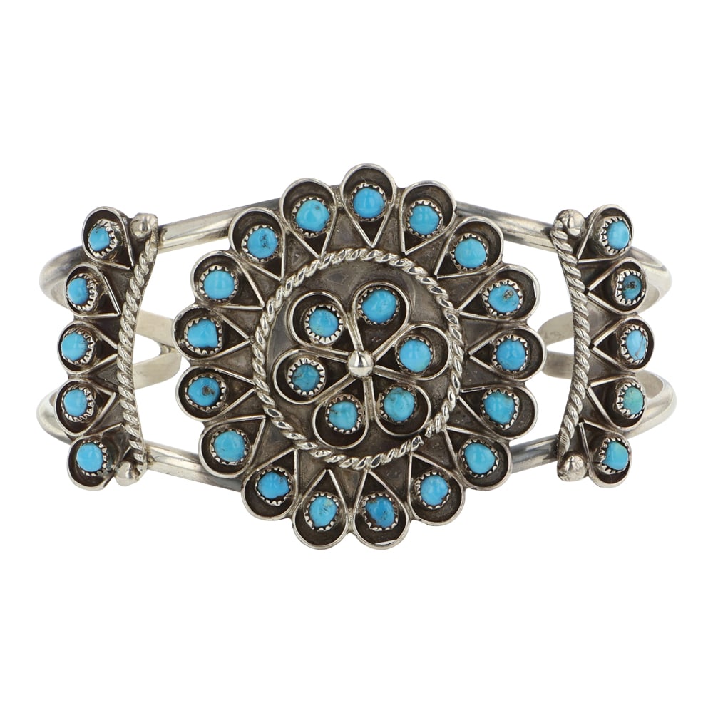 Zuni Sleeping Beauty Turquoise Cluster Bracelet: Sterling Silver | Genuine Sleeping Beauty Turquoise | Zuni Sleeping Beauty Turquoise Cluster Bracelet | Zuni Native American Southwest Indian Jewelry | Good (no breaks or damages) | Approximate