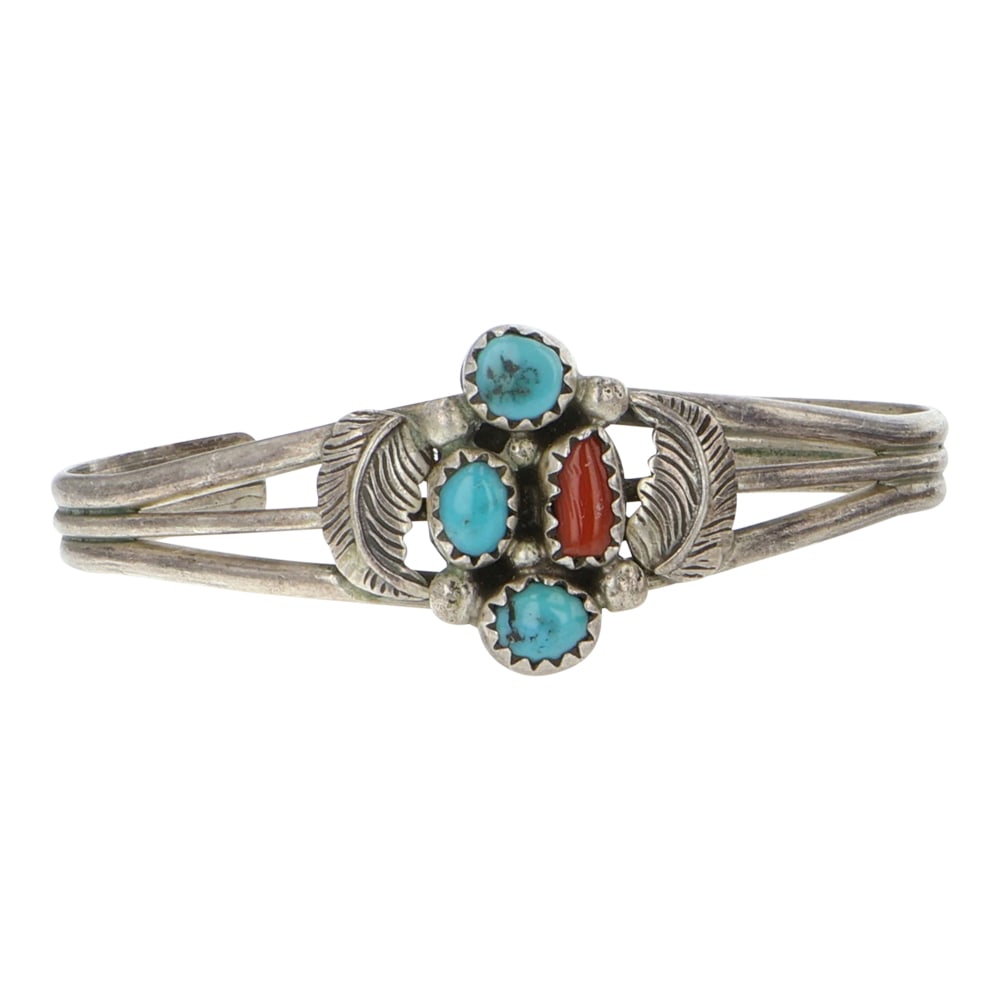 Lot of Two Navajo Turquoise & Coral Baby Bracelets: Sterling Silver | Genuine Turquoise & Coral | Lot of Two Navajo Turquoise & Coral Baby Bracelets | Navajo Native American Southwest Indian Jewelry | Good (no breaks or damages) | Approximate Weight: 1