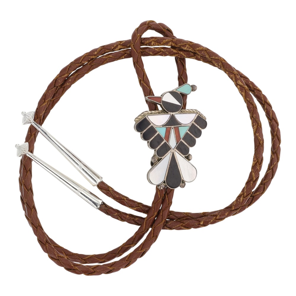 Zuni Turquoise Coral Mother of Pearl & Acoma Jet Inlay Thunderbird Bolo Tie: Sterling Silver | Genuine Turquoise, Coral, Mother of Pearl & Acoma Jet | Zuni Turquoise Coral Mother of Pearl & Acoma Jet Inlay Thunderbird Bolo Tie | Zuni Native American Southwest Indian Jewelry |
