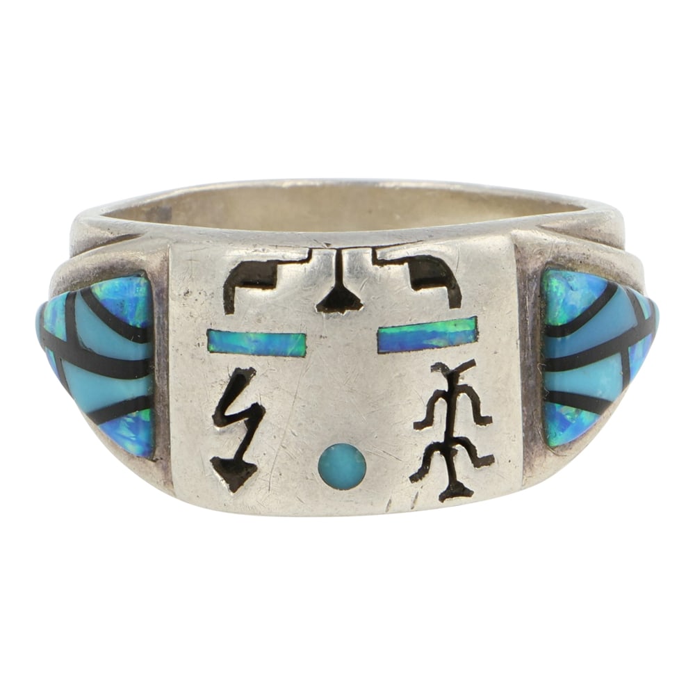 Navajo Turquoise & Synthetic Opal Inlay Ring: Sterling Silver | Genuine Turquoise & Synthetic Opal | Navajo Turquoise & Synthetic Opal Inlay Ring | Navajo Native American Southwest Indian Jewelry | Good (no breaks or damages) | Approximate Weight