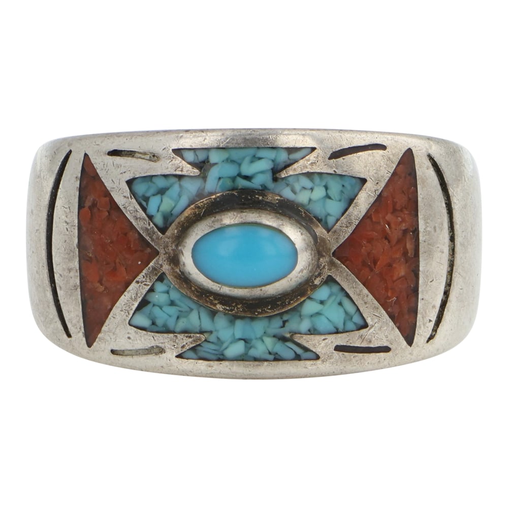 Navajo Turquoise & Coral Chip Inlay Ring: Sterling Silver | Genuine Turquoise & Coral | Navajo Turquoise & Coral Chip Inlay Ring | Navajo Native American Southwest Indian Jewelry | Good (no breaks or damages) | Approximate Weight: 7 Grams | R