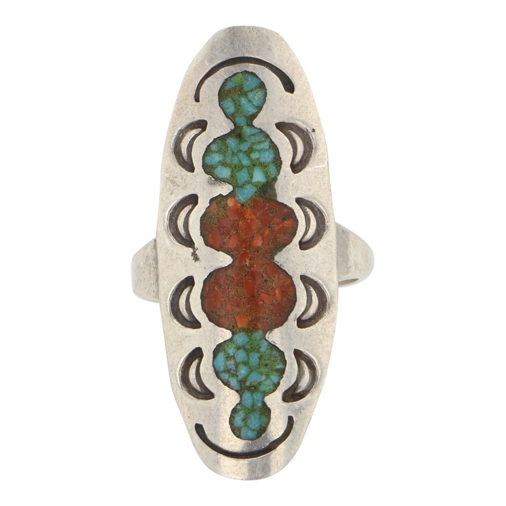 Vintage Navajo Turquoise & Coral Chip Inlay Ring: Sterling Silver | Genuine Turquoise & Coral | Vintage Navajo Turquoise & Coral Chip Inlay Ring | Navajo Native American Southwest Indian Jewelry | Good (no breaks or damages) | Approximate Weight: 5 G