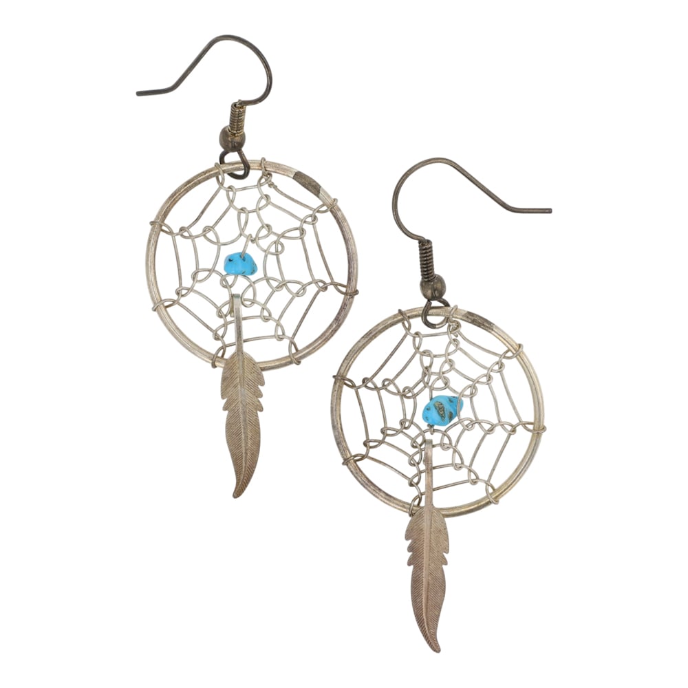 Navajo Turquoise Dream Catcher Earrings: Sterling Silver | Genuine Turquoise | Navajo Turquoise Dream Catcher Earrings | Navajo Native American Southwest Indian Jewelry | Good (no breaks or damages) | Approximate Weight: 4 Grams | Earrings: 