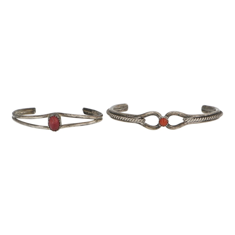 Lot of Two Vintage Navajo Mediterranean Coral baby Bracelet: Sterling Silver | Genuine Mediterranean Coral | Lot of Two Vintage Navajo Mediterranean Coral baby Bracelet | Navajo Native American Southwest Indian Jewelry | Good (no breaks or damages) | Approximat