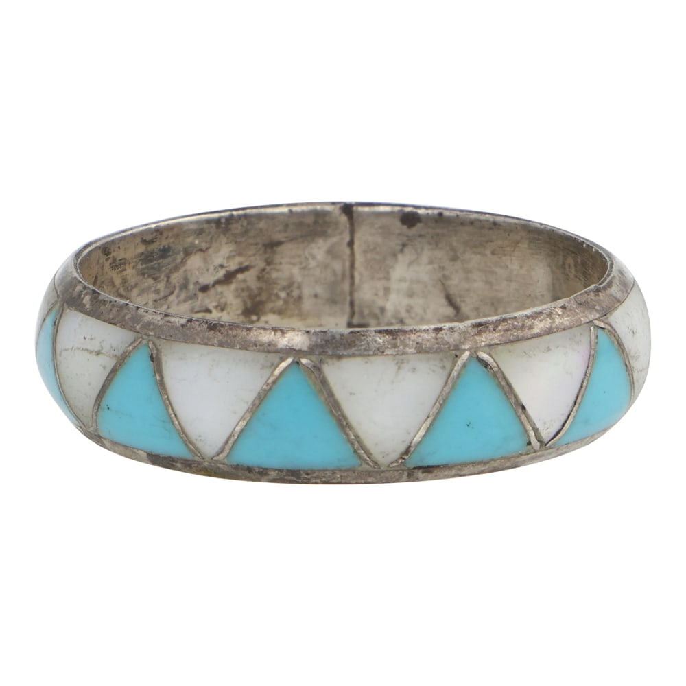 Navajo Turquoise & Shell Inlay Ring: Sterling Silver | Genuine Turquoise & Shell | Navajo Turquoise & Shell Inlay Ring | Navajo Native American Southwest Indian Jewelry | Good (no breaks or damages) | Approximate Weight: 3 Grams | Ring: 
