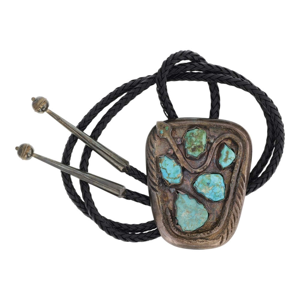Suzie Calavaza Vintage Zuni Kingman Turquosie Snake Eye Bolo Tie: Sterling Silver | Genuine Kingman Turquoise | Suzie Calavaza Vintage Zuni Kingman Turquosie Snake Eye Bolo Tie | Zuni Native American Southwest Indian Jewelry | Good (no breaks or damages) | Approxima