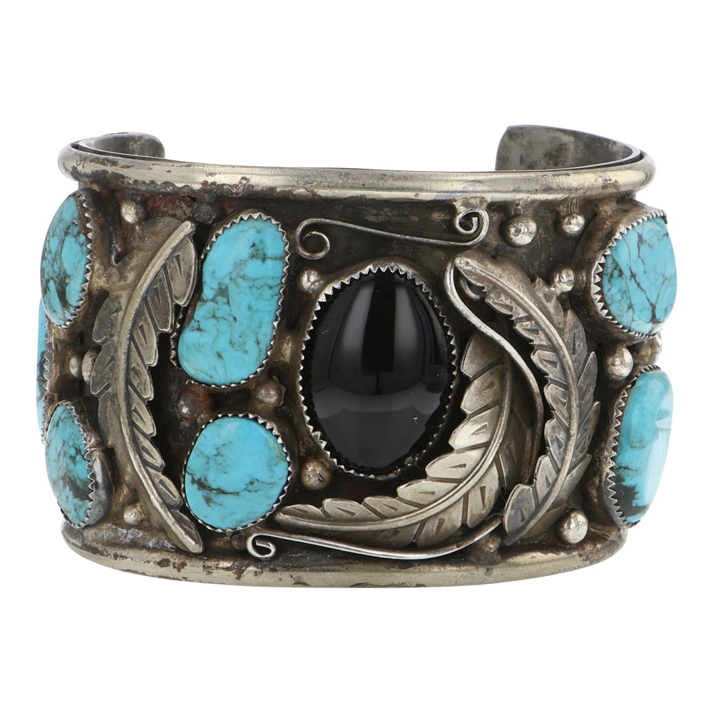 Vintage Navajo Turquoise Black Onyx Large Cuff Bracelet (1 of 4)