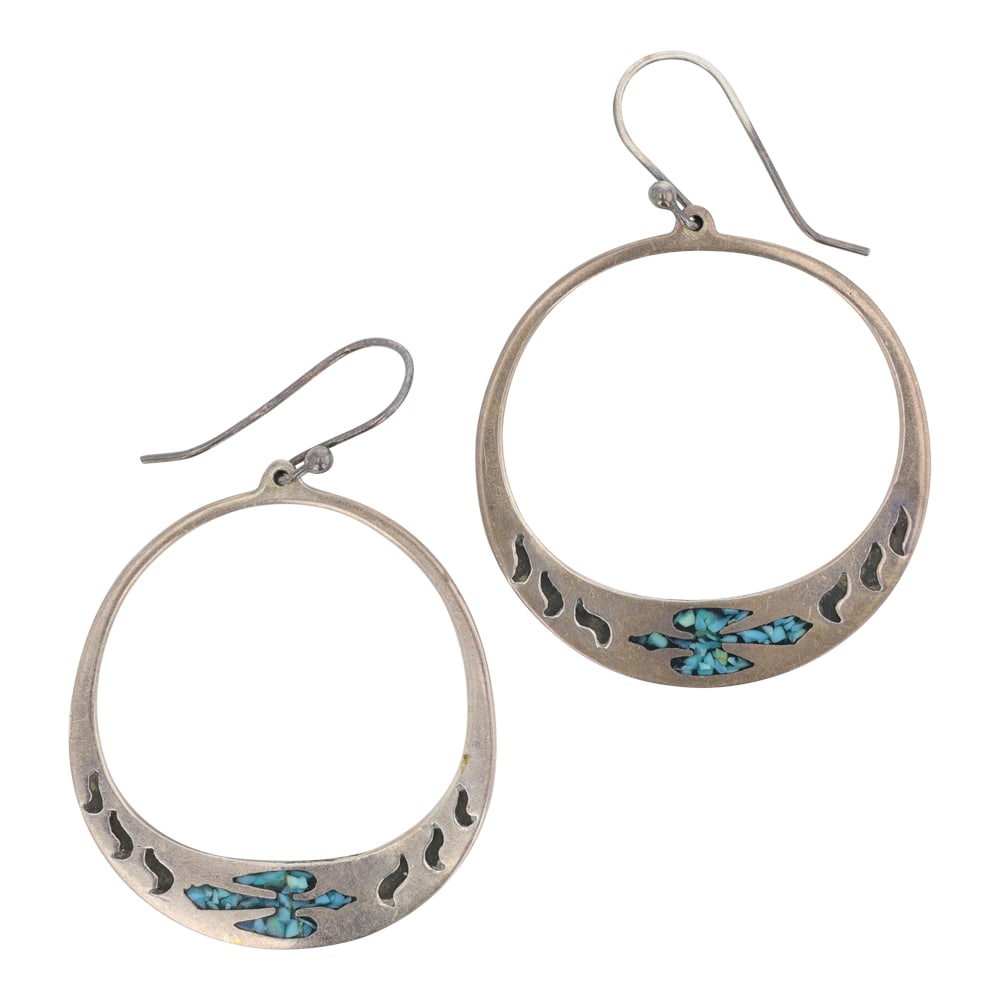 Vintage Navajo Turquoise Chip Inlay Earrings: Sterling Silver | Genuine Turquoise | Vintage Navajo Turquoise Chip Inlay Earrings | Navajo Native American Southwest Indian Jewelry | Good (no breaks or damages) | Approximate Weight: 6 Grams | Earri