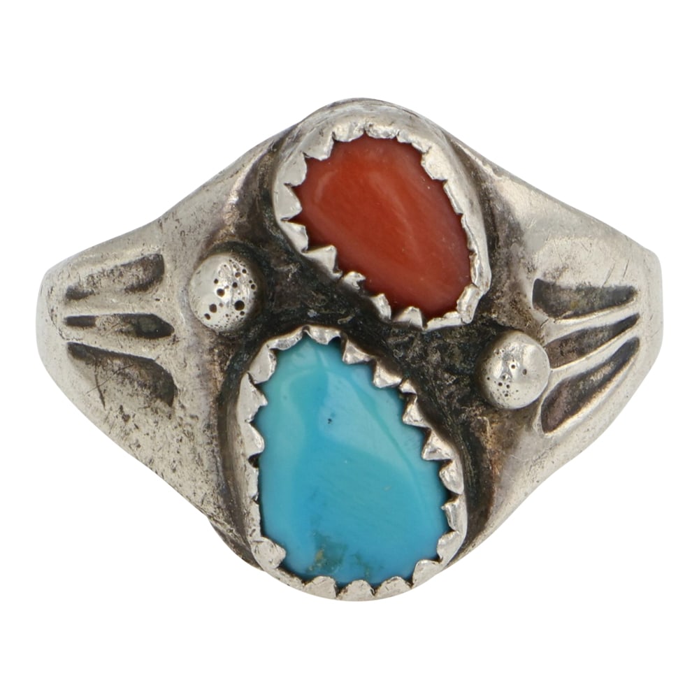 Vintage Navajo Turquoise & Coral Two Stone Ring: Sterling Silver | Genuine Turquoise & Coral | Vintage Navajo Turquoise & Coral Two Stone Ring | Navajo Native American Southwest Indian Jewelry | Good (no breaks or damages) | Approximate Weight: 4 Gr