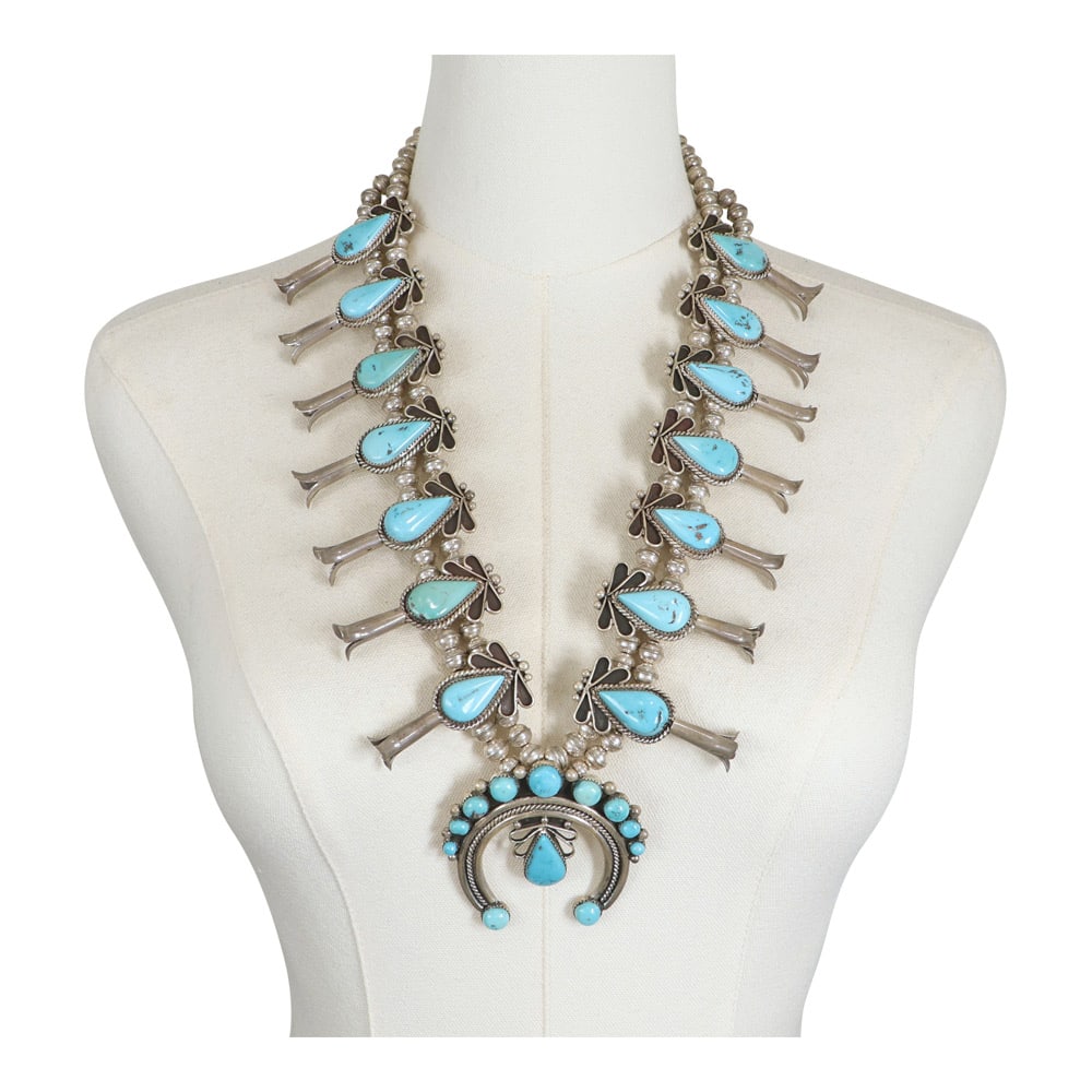 Vintage 1970's Navajo Blue Gem Turquoise Large Squash Blossom Necklace: Sterling Silver | Genuine Blue Gem Turquoise | Vintage 1970's Navajo Blue Gem Turquoise Large Squash Blossom Necklace | Navajo Native American Southwest Indian Jewelry | Good (no breaks or damages) |