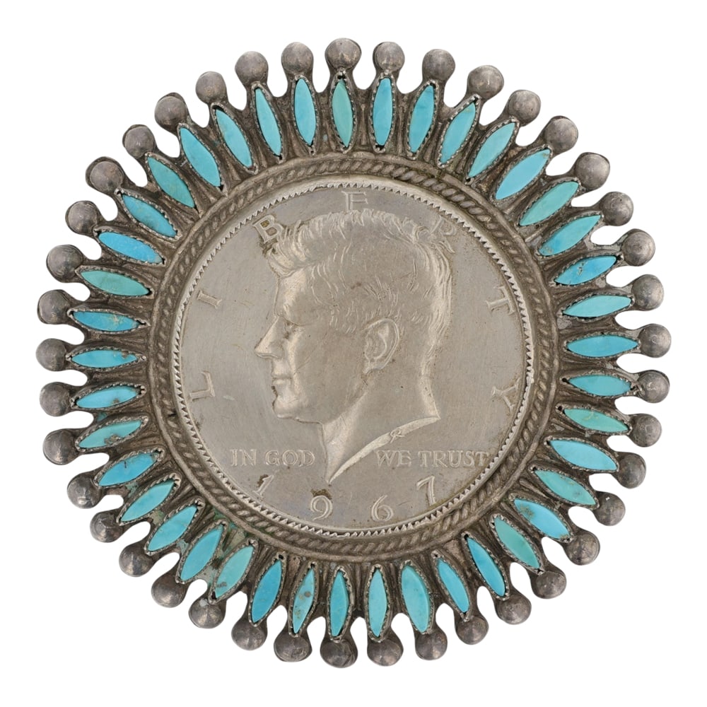 Vintage Zuni Sleeping Beauty Turquoise Needlepoint & Kennedy Half Dollar Pin: Sterling Silver | Genuine Sleeping Beauty Turquoise | Vintage Zuni Sleeping Beauty Turquoise Needlepoint & Kennedy Half Dollar Pin | Zuni Native American Southwest Indian Jewelry | Good (no breaks or 