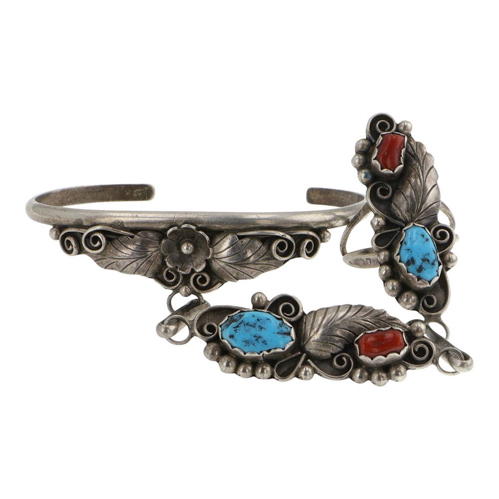 Angela Lee Navajo Turquoise & Coral Slave Bracelet: Sterling Silver | Genuine Turquoise & Coral | Angela Lee Navajo Turquoise & Coral Slave Bracelet | Navajo Native American Southwest Indian Jewelry | Good (no breaks or damages) | Approximate Weight: 2