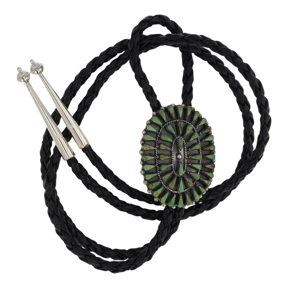 Navajo Cluster Turquoise Bolo Tie: Sterling Silver | Genuine Turquoise | Navajo Cluster Turquoise Bolo Tie | Navajo Native American Southwest Indian Jewelry | Good (no breaks or damages) | Approximate Weight: 34 Grams | Bolo: 19" lengt