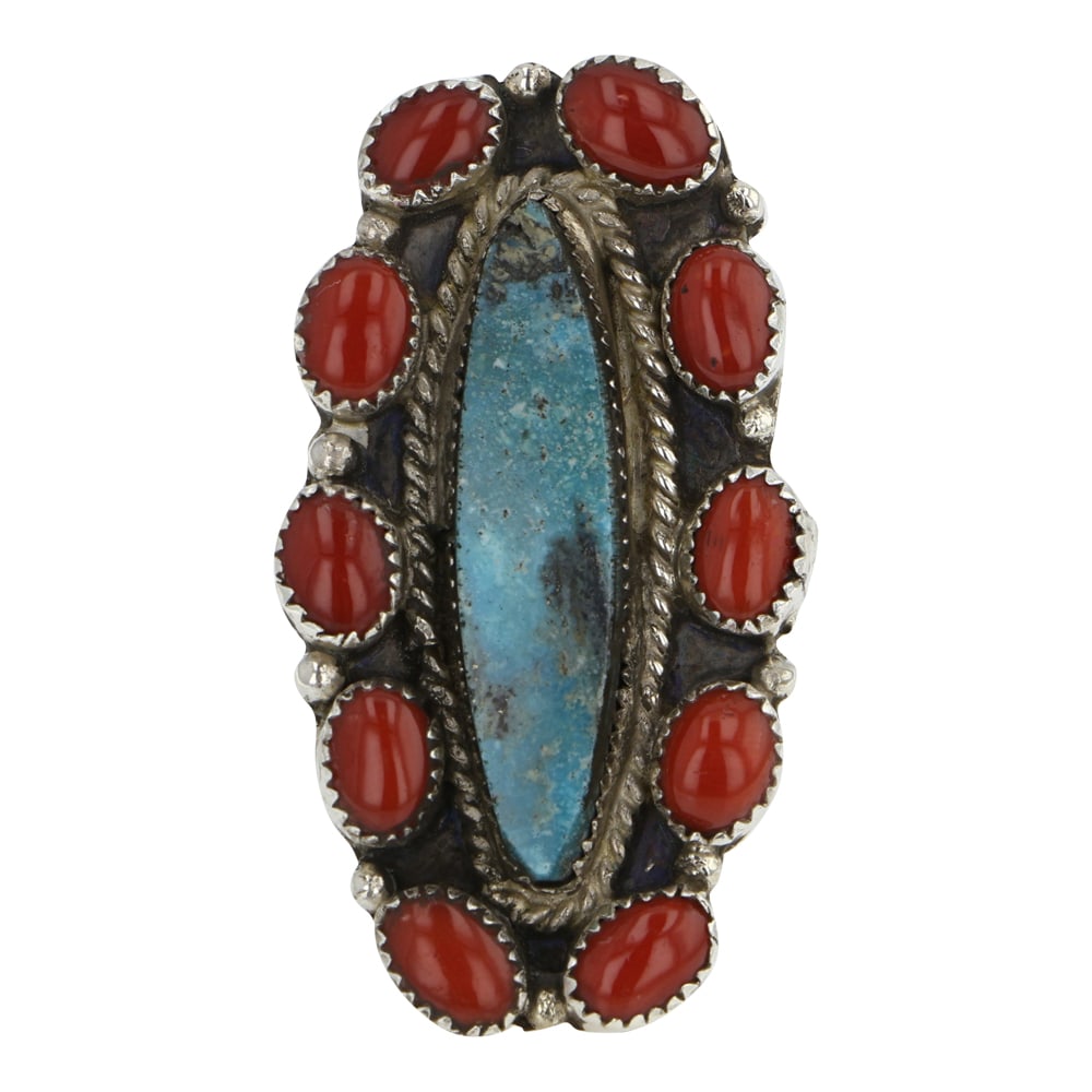 Navajo Turquoise & Coral Cluster Adjustable Ring (1 of 3)