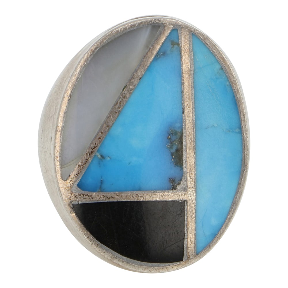 Navajo Turquoise Mother of Pearl & Jet Inlay Ring: Sterling Silver | Genuine Turquoise, Mother of Pearl & Jet | Navajo Turquoise Mother of Pearl & Jet Inlay Ring | Navajo Native American Southwest Indian Jewelry | Good (no breaks or damages) | Approxi