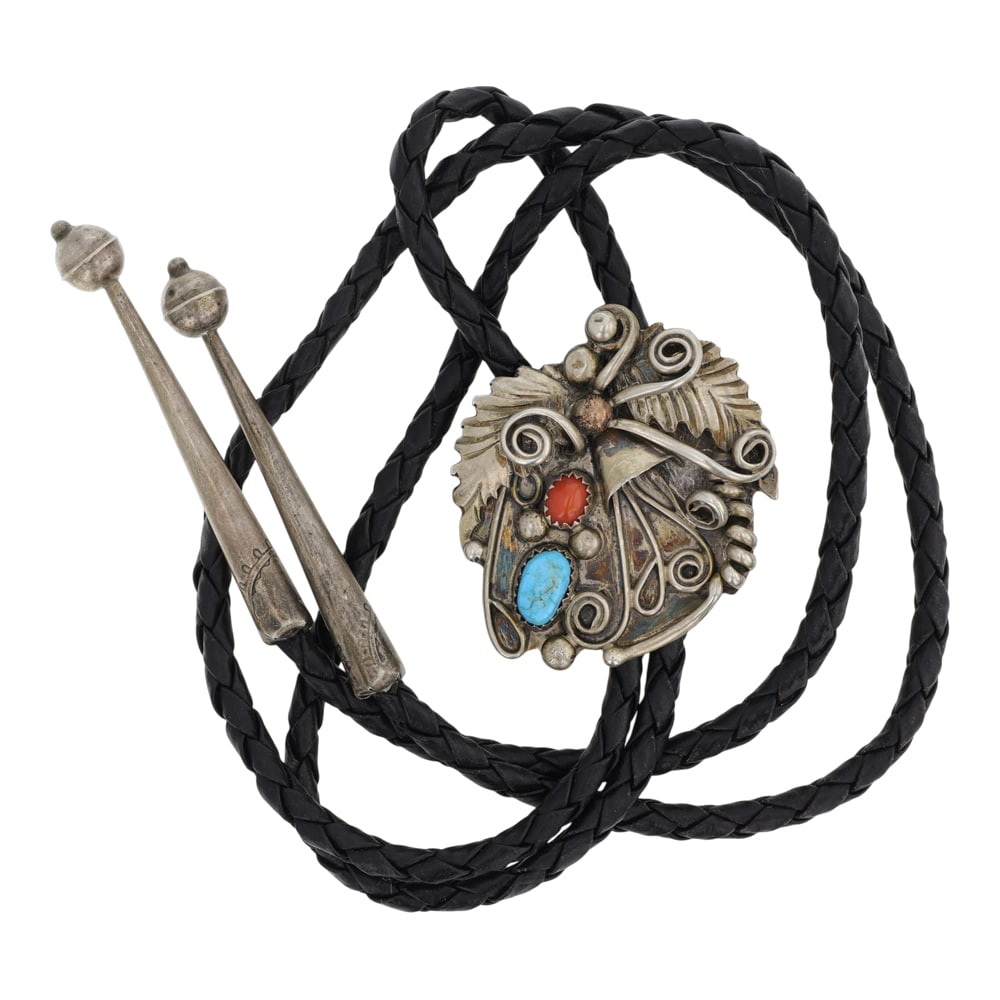 Vintage Navajo Turquoise & Coral Bolo Tie: Sterling Silver | Genuine Turquoise & Coral | Vintage Navajo Turquoise & Coral Bolo Tie | Navajo Native American Southwest Indian Jewelry | Good (no breaks or damages) | Approximate Weight: 30 Grams |