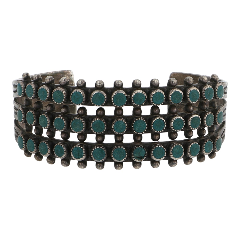 Vintage Navajo Fred Harvey Era Turquoise Three Row Bracelet: Sterling Silver | Genuine Turquoise | Vintage Navajo Fred Harvey Era Turquoise Three Row Bracelet | Navajo Native American Southwest Indian Jewelry | Good (no breaks or damages) | Approximate Weight: 