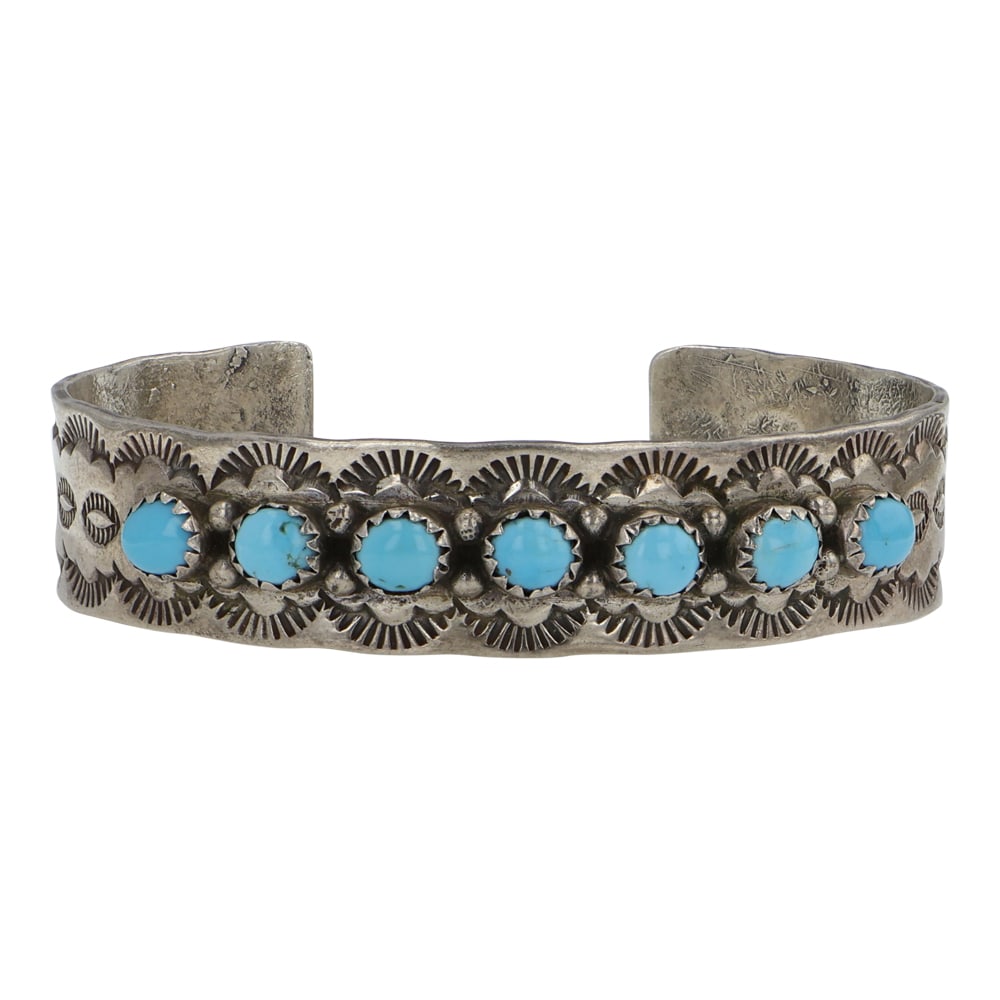 Jerry Bahe Navajo Kingman Turquoise Cuff Bracelet: Sterling Silver | Genuine Kingman Turquoise | Jerry Bahe Navajo Kingman Turquoise Cuff Bracelet | Navajo Native American Southwest Indian Jewelry | Good (no breaks or damages) | Approximate Weight: 25