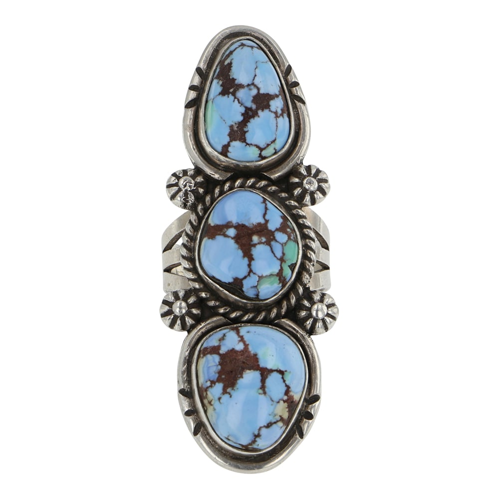 Navajo Golden Hills Turquoise Three Stone Ring: Sterling Silver | Genuine Golden Hills Turquoise | Navajo Golden Hills Turquoise Three Stone Ring | Navajo Native American Southwest Indian Jewelry | Good (no breaks or damages) | Approximate Weight: 