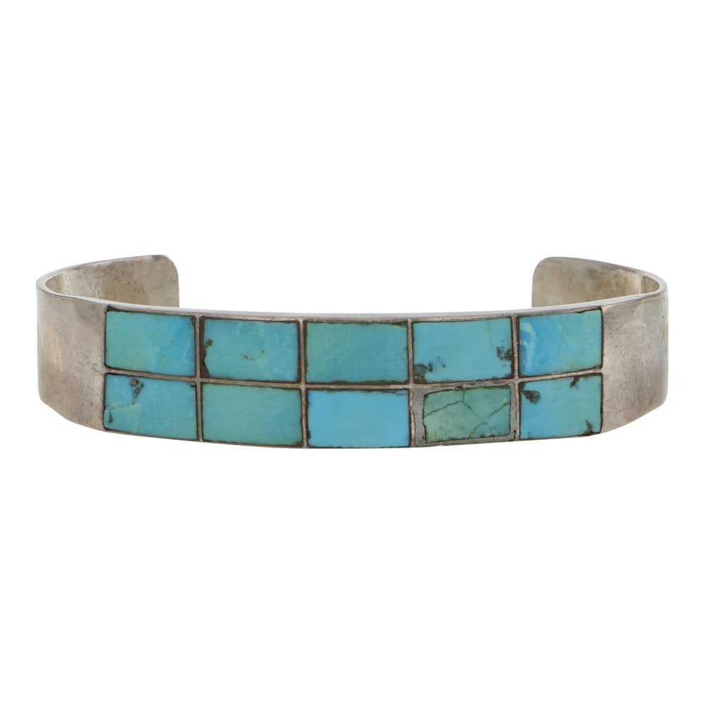 Vintage Zuni Sleeping Beauty Turquoise Inlay Bracelet: Sterling Silver | Genuine Sleeping Beauty Turquoise | Vintage Zuni Sleeping Beauty Turquoise Inlay Bracelet | Zuni Native American Southwest Indian Jewelry | Good (no breaks or damages) | Approximate 
