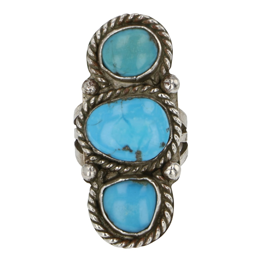 Navajo Blue Ridge Turquoise Three Stone Ring: Sterling Silver | Genuine Blue Ridge Turquoise | Navajo Blue Ridge Turquoise Three Stone Ring | Navajo Native American Southwest Indian Jewelry | Good (no breaks or damages) | Approximate Weight: 18 G