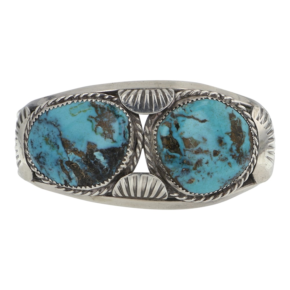 Navajo Nevada Turquoise Two Stone Large Cuff Bracelet: Sterling Silver | Genuine Nevada Turquoise | Navajo Nevada Turquoise Two Stone Large Cuff Bracelet | Navajo Native American Southwest Indian Jewelry | Good (no breaks or damages) | Approximate Weight: