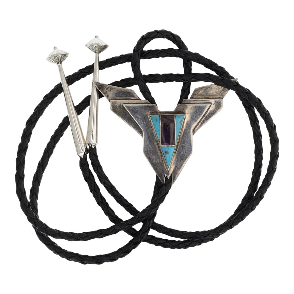 Navajo Turquoise & Sugilite Bolo Tie: Sterling Silver | Genuine Sugilite | Navajo Turquoise & Sugilite Bolo Tie | Navajo Native American Southwest Indian Jewelry | Good (no breaks or damages) | Approximate Weight: 40 Grams | Bolo: 22" len