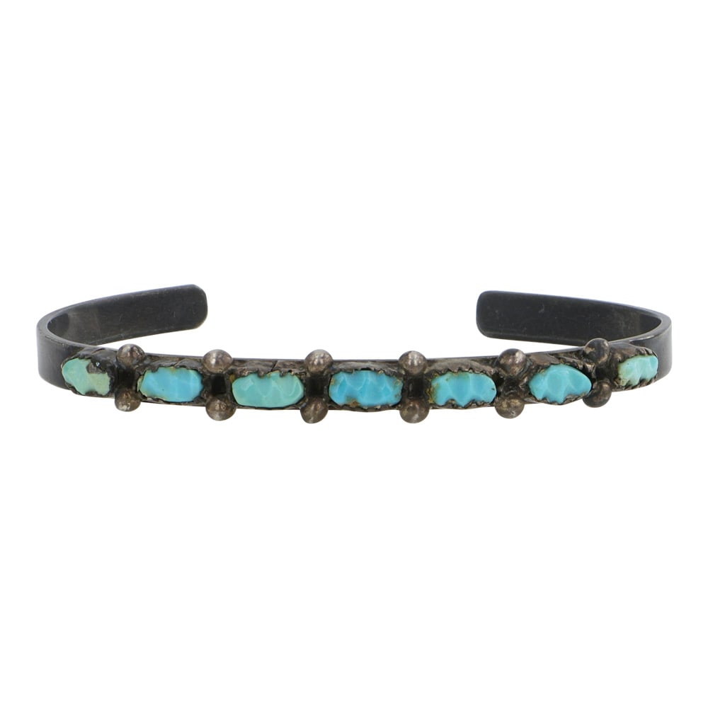 Vintage Zuni Turquoise Cuff Bracelet: Sterling Silver | Genuine Turquoise | Vintage Zuni Turquoise Cuff Bracelet | Zuni Native American Southwest Indian Jewelry | Good (no breaks or damages) | Approximate Weight: 13 Grams | Bracelet: 5.5"