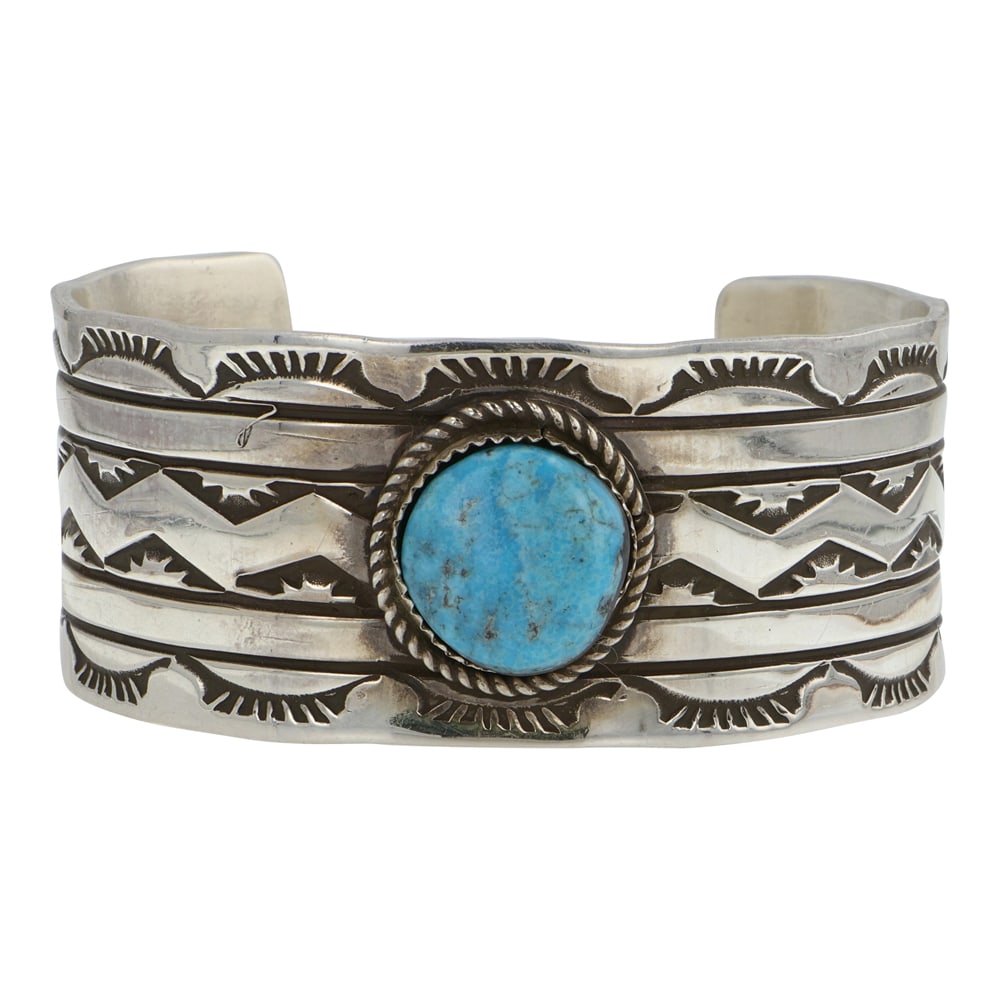 Rick Enriquez Navajo Blue Ridge Turquoise Cuff Bracelet: Sterling Silver | Genuine Blue Ridge Turquoise | Rick Enriquez Navajo Blue Ridge Turquoise Cuff Bracelet | Navajo Native American Southwest Indian Jewelry | Good (no breaks or damages) | Approximate W