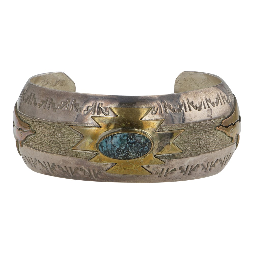 Rodger Jones Navajo Turquoise Sterling Silver & Gold Filled Cuff Bracelet: Sterling Silver | Genuine Turquoise | Rodger Jones Navajo Turquoise Sterling Silver & Gold Filled Cuff Bracelet | Navajo Native American Southwest Indian Jewelry | Good (no breaks or damages) | Approx