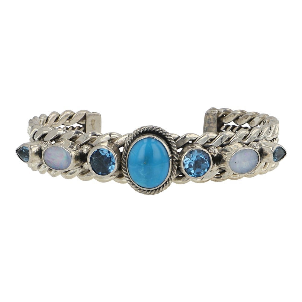 Navajo Turquoise Lapis & Opal Cuff Bracelet: Sterling Silver | Genuine Turquoise, Lapis & Opal | Navajo Turquoise Lapis & Opal Cuff Bracelet | Navajo Native American Southwest Indian Jewelry | Good (no breaks or damages) | Approximate Weight: 32