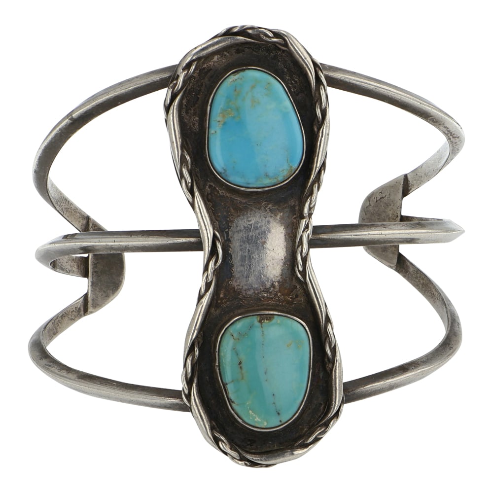 Navajo Blue Ridge Turquoise Two Stone Bracelet: Sterling Silver | Genuine Blue Ridge Turquoise | Navajo Blue Ridge Turquoise Two Stone Bracelet | Navajo Native American Southwest Indian Jewelry | Good (no breaks or damages) | Approximate Weight: 33