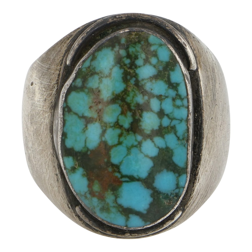 Vintage Navajo Nevada Turquoise Men's Ring: Sterling Silver | Genuine Nevada Turquoise | Vintage Navajo Nevada Turquoise Men's Ring | Navajo Native American Southwest Indian Jewelry | Good (no breaks or damages) | Approximate Weight: 29 Grams |