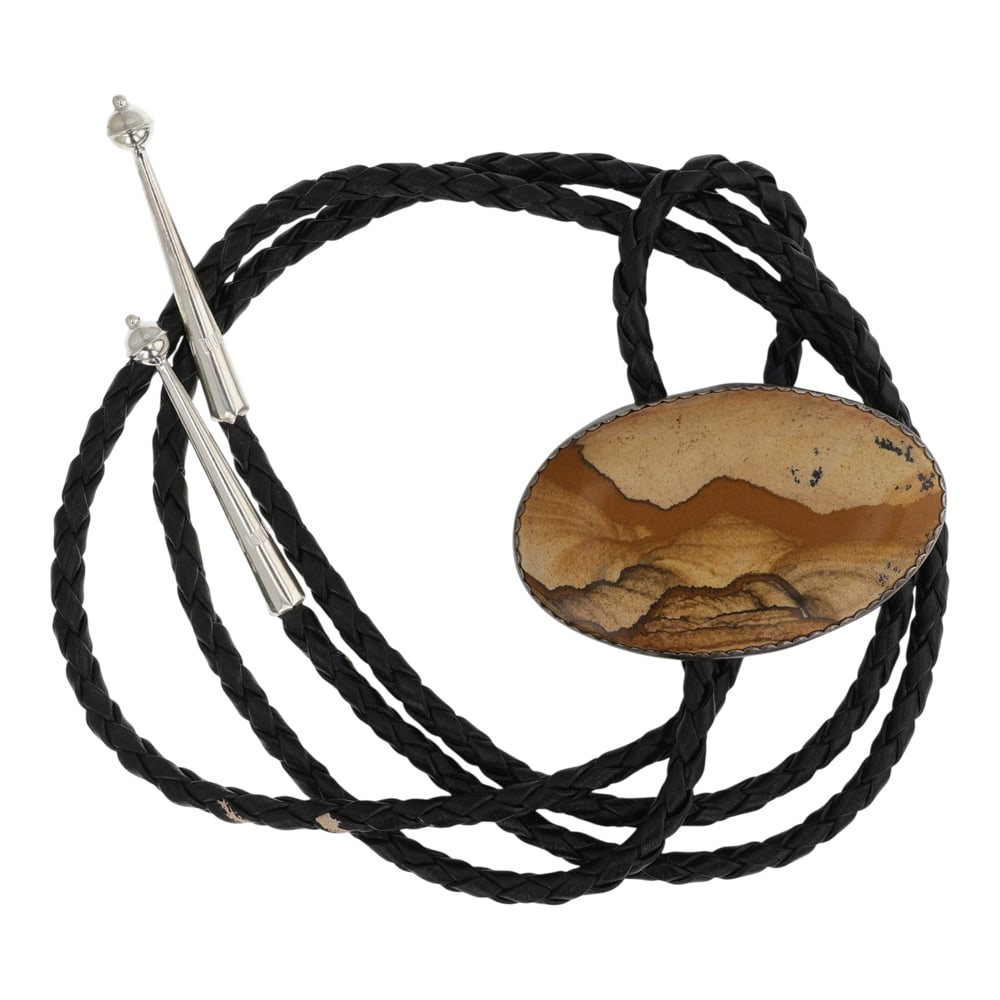 Vintage Navajo Picture Jasper Bolo Tie: Sterling Silver | Genuine Picture Jasper | Vintage Navajo Picture Jasper Bolo Tie | Navajo Native American Southwest Indian Jewelry | Good (no breaks or damages) | Approximate Weight: 57 Grams | Bolo: