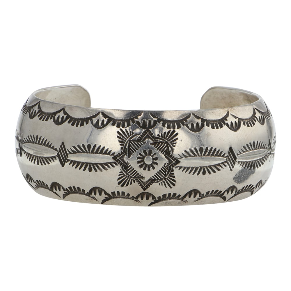 Navajo Detailed Stamp-Work Domed Cuff Bracelet: Sterling Silver | | Navajo Detailed Stamp-Work Domed Cuff Bracelet | Navajo Native American Southwest Indian Jewelry | Good (no breaks or damages) | Approximate Weight: 44 Grams | Bracelet: 6" inner, 