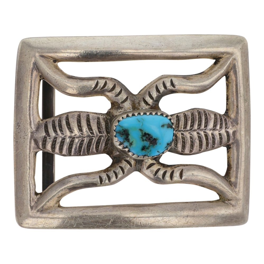 Nellie Tso Navajo Kingman Turquoise Sandcast Belt Buckle: Sterling Silver | Genuine Kingman Turquoise | Nellie Tso Navajo Kingman Turquoise Sandcast Belt Buckle | Navajo Native American Southwest Indian Jewelry | Good (no breaks or damages) | Approximate Wei