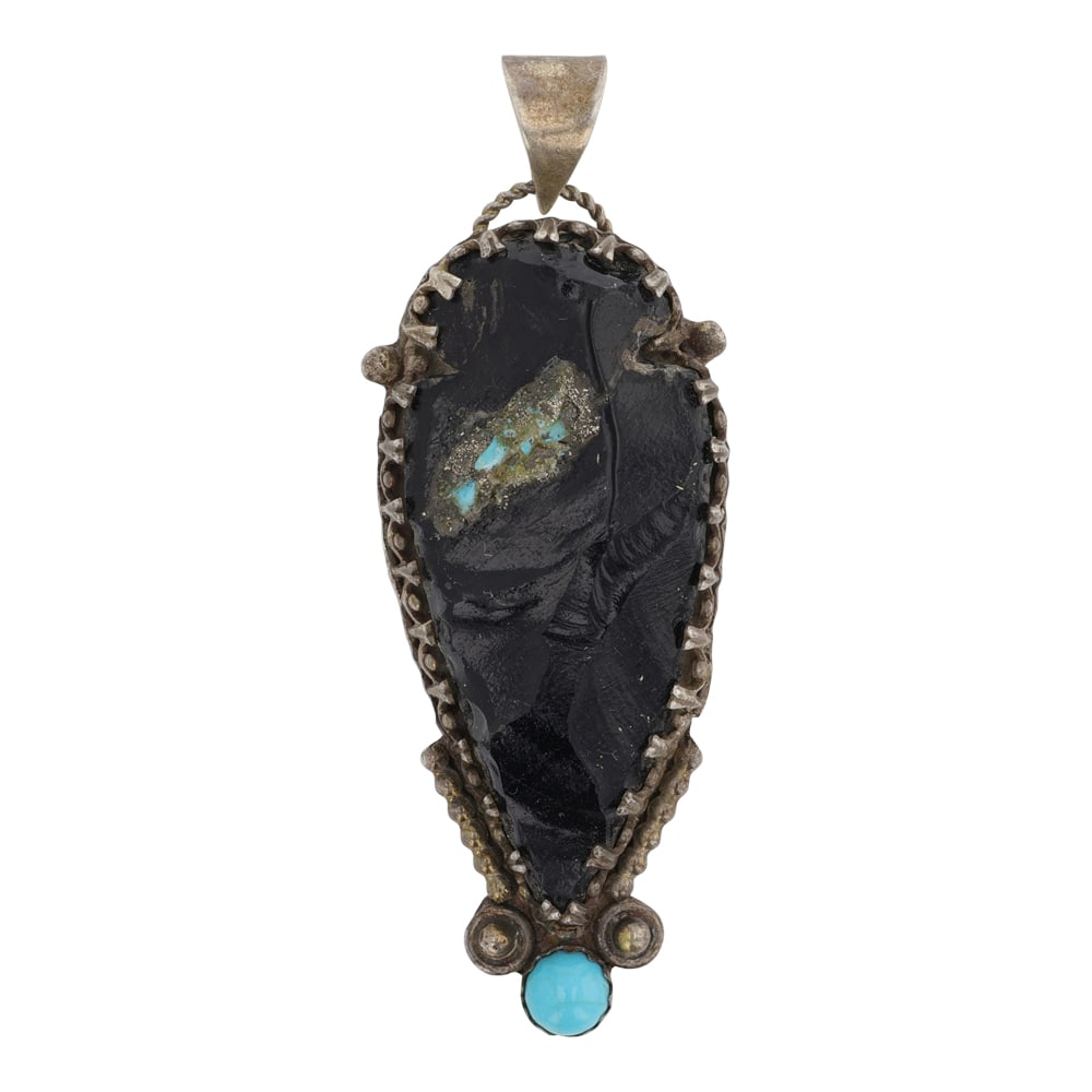 Vintage Navajo Acoma Jet & Turquoise Pendant: Sterling Silver | Genuine Acoma Jet & Turquoise | Vintage Navajo Acoma Jet & Turquoise Pendant | Navajo Native American Southwest Indian Jewelry | Good (no breaks or damages) | Approximate Weight: 16 