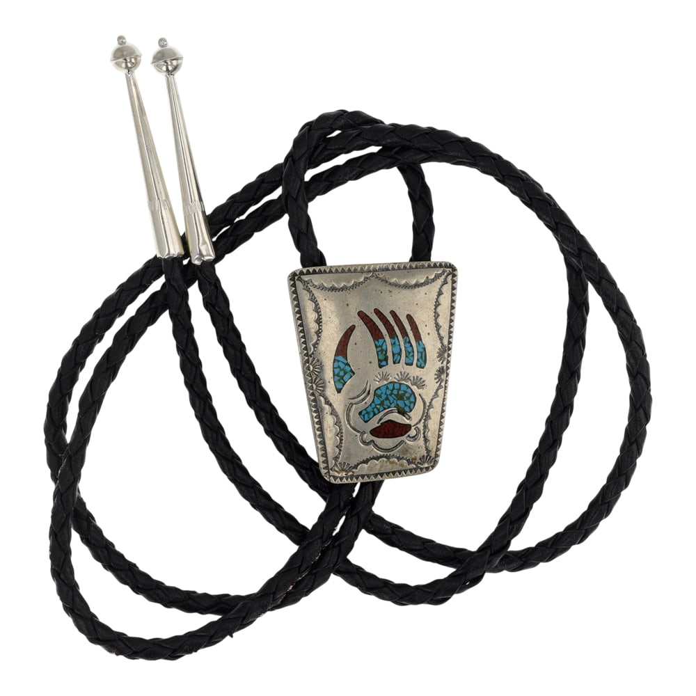 Navajo Turquoise & Coral Chip Inlay Bolo Tie: Sterling Silver | Genuine Turquoise & Coral | Navajo Turquoise & Coral Chip Inlay Bolo Tie | Navajo Native American Southwest Indian Jewelry | Good (no breaks or damages) | Approximate Weight: 29 Gram