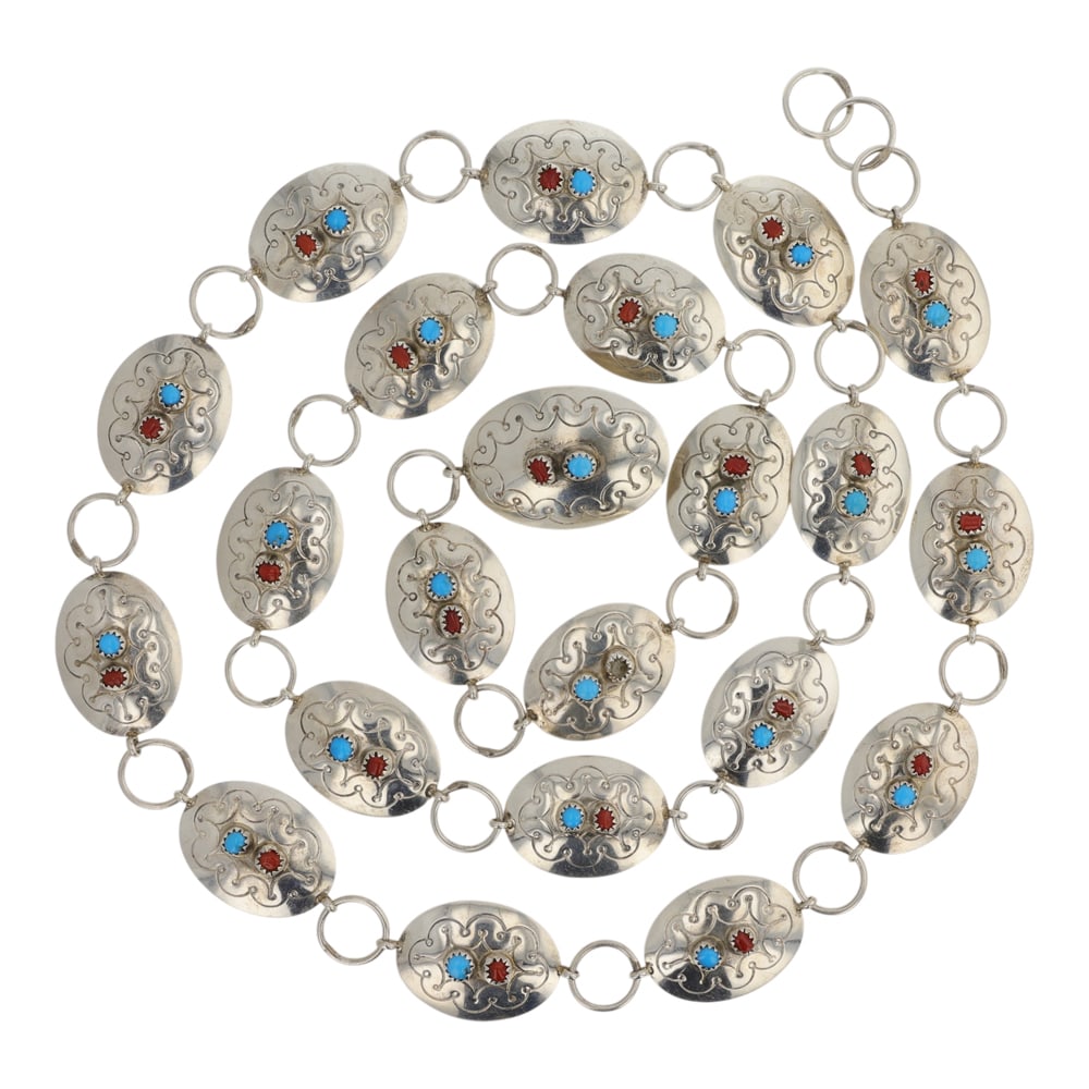 Navajo Turquoise & Coral Link Concho Belt: Sterling Silver | Genuine Turquoise & Coral | Navajo Turquoise & Coral Link Concho Belt | Navajo Native American Southwest Indian Jewelry | Good (no breaks or damages) | Approximate Weight: 70 Grams |
